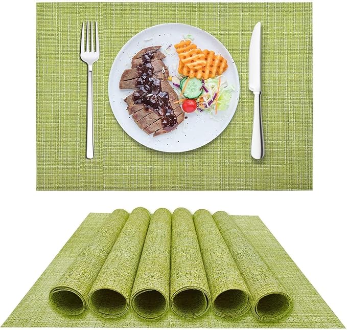 DACHUI Placemats Set of 8, Linen Look Woven Place Mats, Water Resistant, Heat Resistant, Washable, Durable Table Mats (Green)
