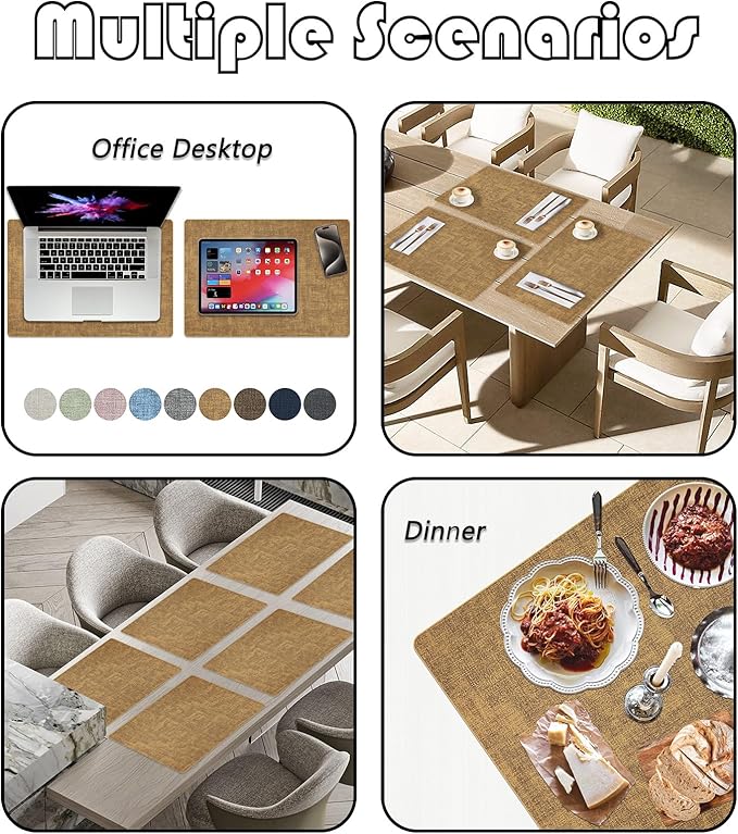 Placemats Set of 6 Faux Leather Heat Resistant Tables Mats Waterproof Oilproof Wipeable Reversible Anti-Slip Place Mats for Kitchen/Dining/Party/Outdoor 11.8" x 16.9", Caramel