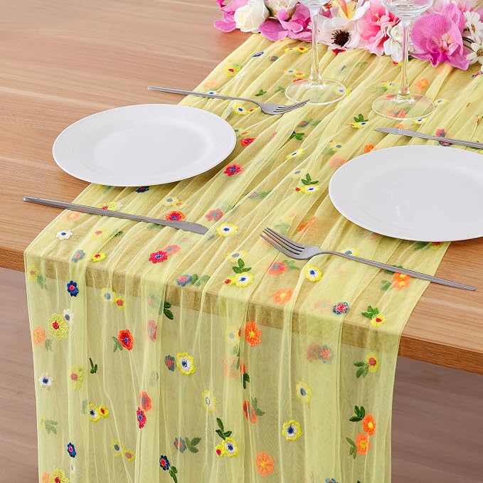 BINBE 6pcs Daisy Spring Table Runner Embroidery Gauze 10FT Florals Seasonal by BINBE