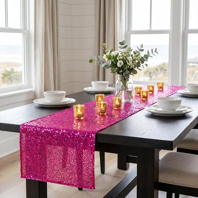 Hot Pink Sequin Table Runner 12x72 Inch Wedding, Birthday Party Centerpiece | - Image 2