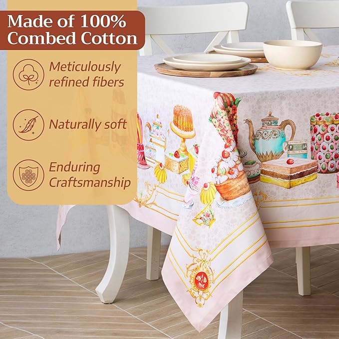 Maison d' Hermine Premium Table Cloth Rectangle Table 100% Combed Cotton 90 x 70 Inches Tablecloth Reusable Decorative for Dining Room, Farmhouse, Home, Party, Festive & Wedding - Pastries
