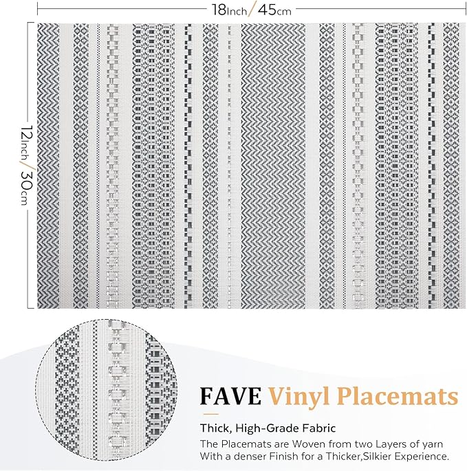 FAVE Boho Vinyl Placemats Set of 6, Durable Woven Place Mats Washable Heat Resistant PVC Table Mats for Parties,Weddings, Dining,Banquet(Gray, 6PCS)
