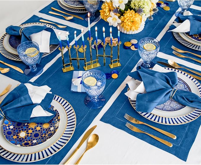 Solino Home 100% Pure Linen Table Runner Indigo Blue Hemstitch, 14 x 144 in | - Image 3
