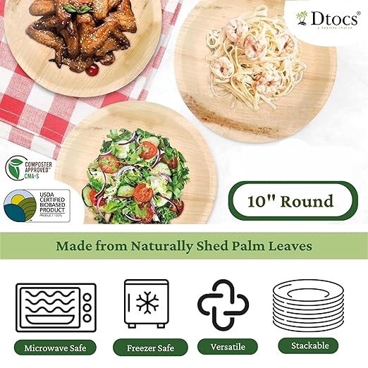 Dtocs Palm Leaf Plates 10 Inch Round (100) | Bamboo Plates Disposable Like Compostable Dinnerware Set for Party, Dinner, Serving Platters, Charcuterie Boards | Alternate to Plastic, Wood, Paper Plate