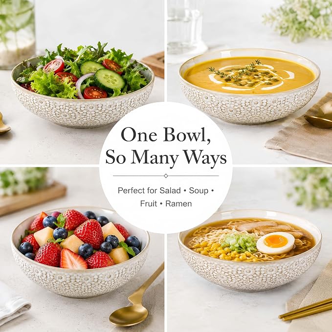 8" Ceramic Pasta Bowls, 22 Oz Serving Bowls Set of 4, Porcelain Shallow Soup - Image 8