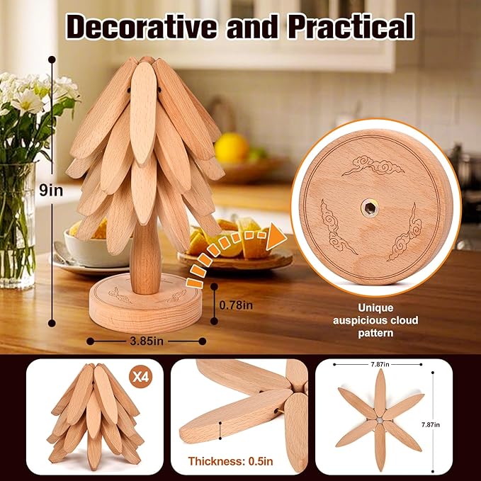Wooden Trivets for Hot Dishes，Trivets for Hot Pots and Pans，Hot Pads for Table，Tree Coasters Set of 4(4 Trivits+1 Stand)