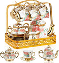 22 Pcs Porcelain Tea Set with Metal Holder, Vintage European Floral Tea Set by Suttmin