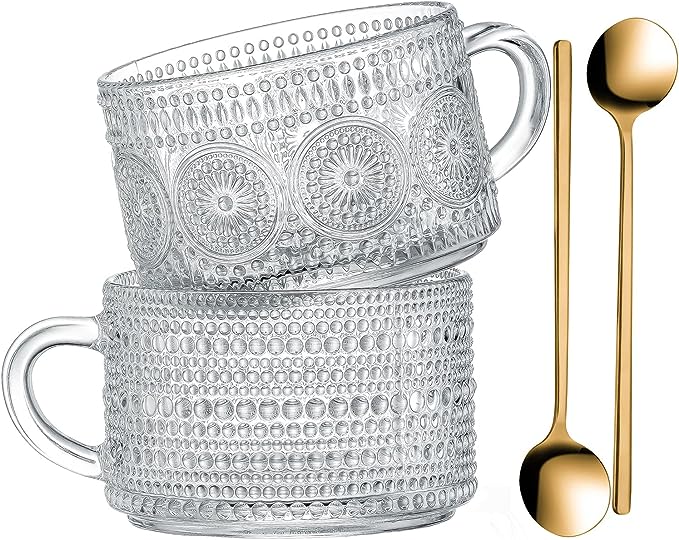Gezzeny Vintage Glass Coffee Mugs 14 Oz Set of 2 Clear Embossed Tea Cups by Gezzeny