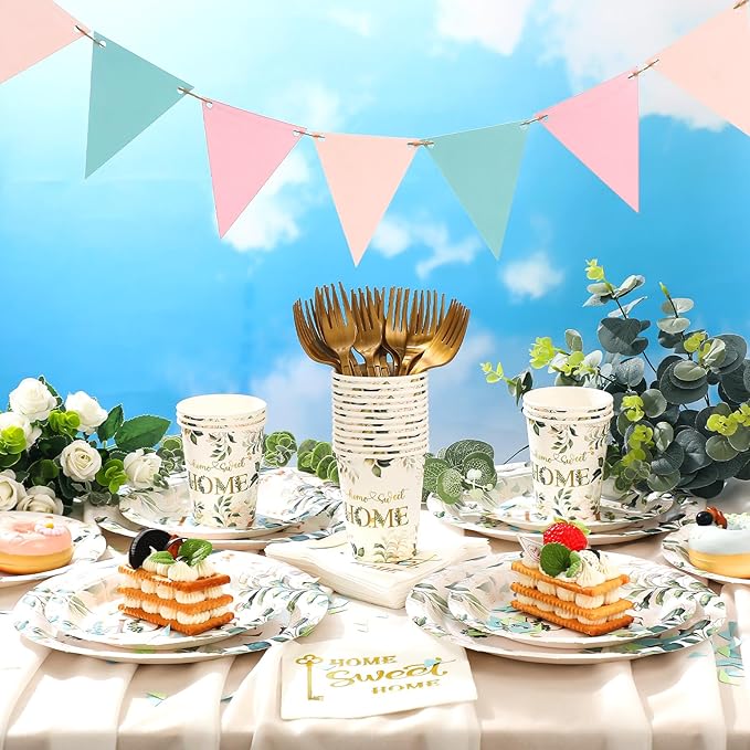 Zubebe 120 Pcs Housewarming Party Tableware Home Sweet Home Plates and Napkins Disposable Sets Rustic Leaves Floral House Warming for New House Wedding Party Supplies Serve 24 Guests(Classic Style)