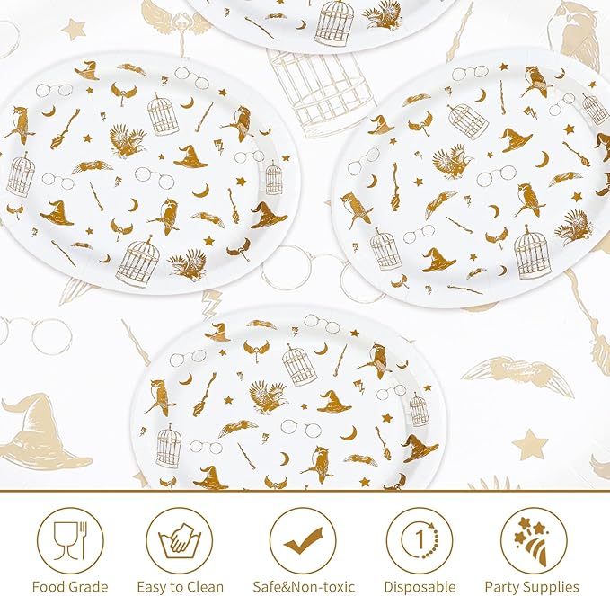 50Pcs Magical Oval Paper Plates 10" x 12" Large Disposable Heavy Duty Golden Wizard Theme Paper Platters Fantasy Magic Dessert Plates for Boy Girl Magical Wizard Themed Birthday Party Supplies
