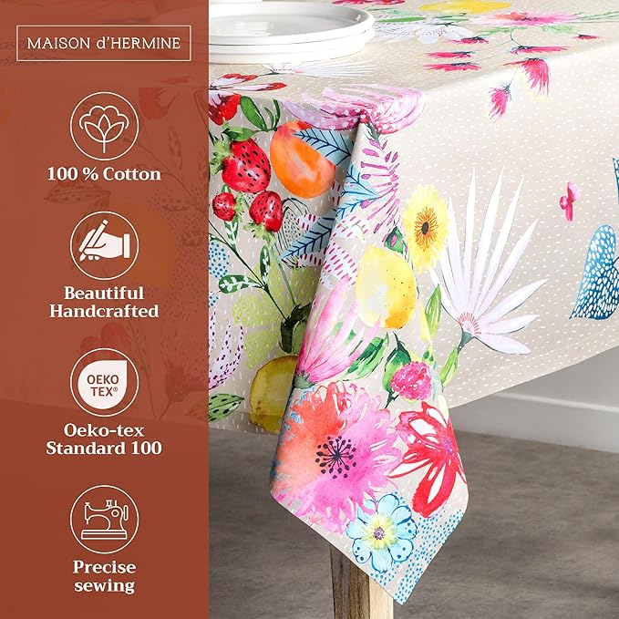 Maison d' Hermine Table Cloth Square Table 100% Cotton 60 x 60 Inches Tablecloth Reusable Decorative for Dining Room Farmhouse Home Valentines Day Decorations Spring Summer - Jardin D'Ete - Fog