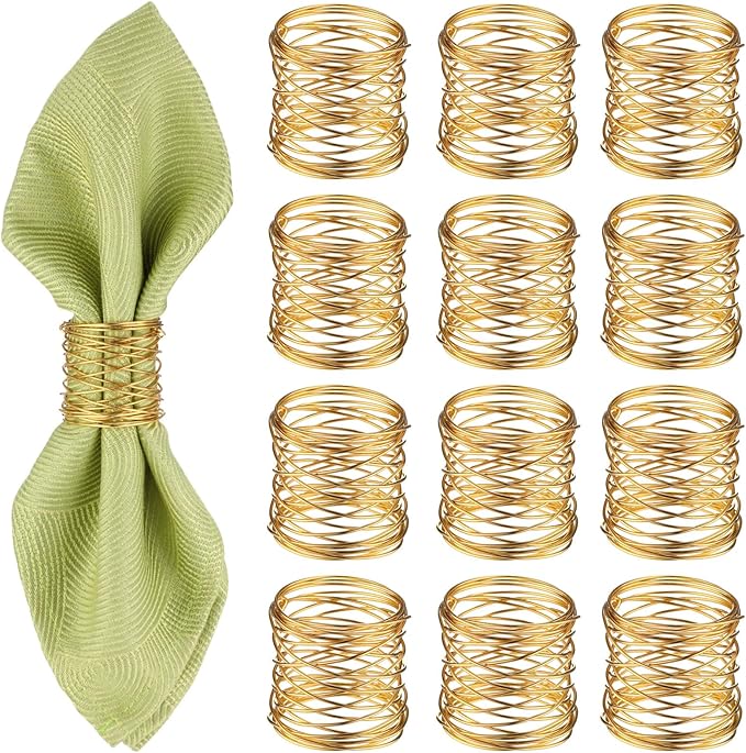 12 Pieces Napkin Rings Holders Handmade Round Mesh Heavy Duty Metal Napkin Rings Holder for Dinner Decoration Dining Table Parties Wedding Christmas(Gold)