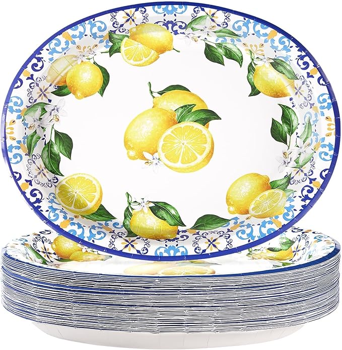 Grencian 50 Pcs Capri Lemon Oval Paper Plates 10"x12" Large Blue Tiles Yellow Lemon Plates Disposable 400 GSM Heavy Duty Capri Lemon Party Supplies for Summer Citrus Fruit Lemon Birthday Party Decor