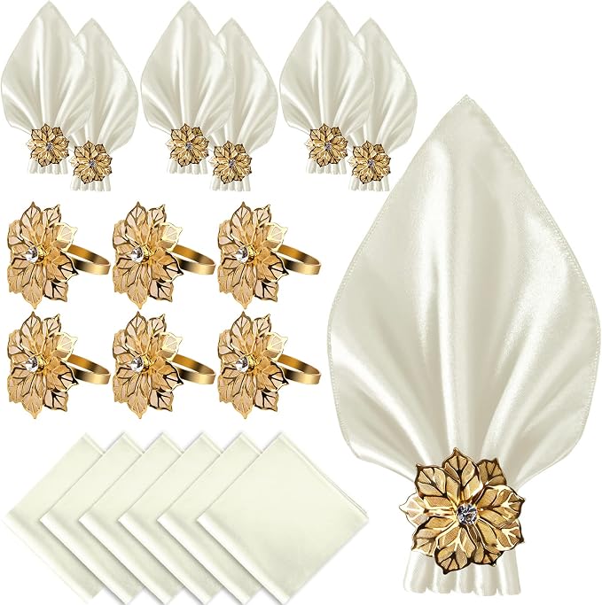 12 Pack Gold Napkin Rings and Cloth Napkins Set of 6, 17x17 Satin Cocktail by CROWNGUIDE