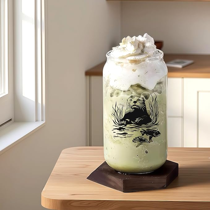 Cute Sea Otter Glass Cup With Lids And Straws, Sea Otter Gift For Women, Iced, Coffee, Smoothie, Cocktail, Beer, Whiskey, Soda, Matcha,16 Oz, Home Office Table Desk Decoration!