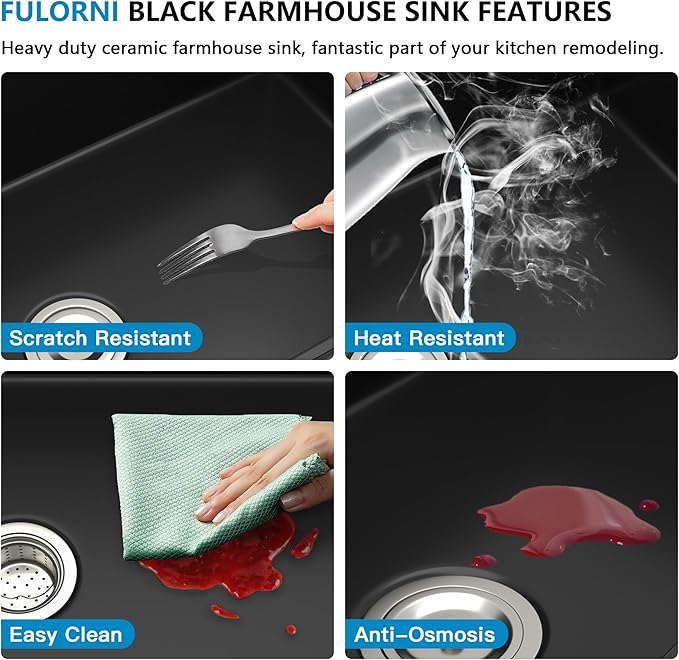 33"x20" Black Farmhouse Sink – Flat Apron Front Matte Black Porcelain Ceramic Fireclay Deep Single Bowl Farm Kitchen Sink Basin