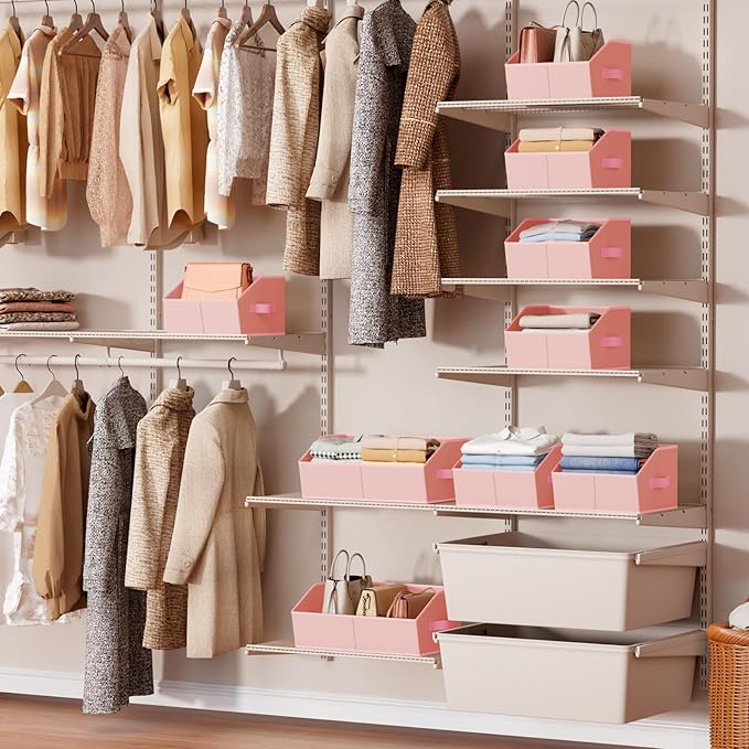 Storage Bins for Shelves - Small Trapezoid Closet Shelf Organizer, Fabric Organization Bins with Handles, Storage Baskets for Clothes, Towel, Purse, 4 Pack, Pink