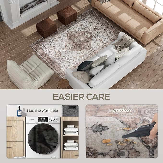HOMCOM Washable Area Rug, 4'x6' Vintage Indoor Distressed Carpet, Retro Floor Cover Foldable, Floral Print Mat for Living Room, Bedroom, Dining Room, Tan