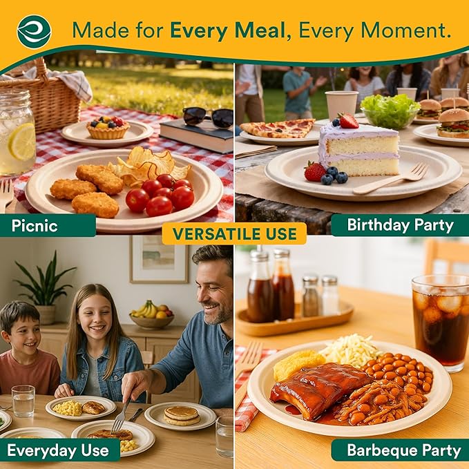 ECO SOUL Compostable 9 Inch(1000-Pack) Biodegradable Heavy-Duty Disposable Eco-Friendly Paper Plates for Dinner & Parties, Wedding, Event