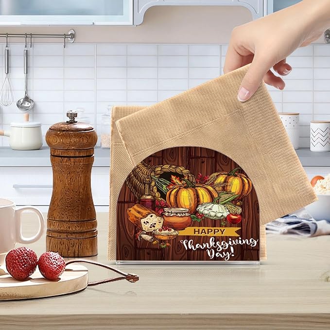 Napkin Holder Happy Thanksgiving Day Turkey Bread Pumpkin Crystal Clear Acrylic Napkin Holders, Paper Napkin Holder Dining Table Dispenser for Kitchen Restaurant Home Decor Bar Accessories