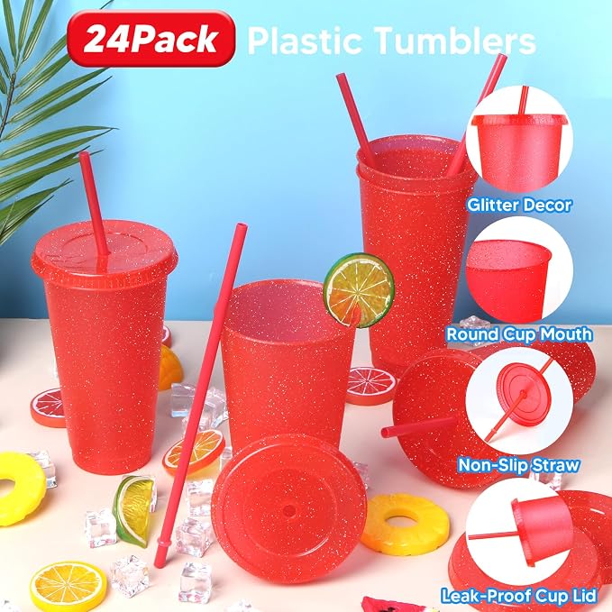 24 Pack Plastic Tumblers with Lids and Straws, Reusable Cups with Lids Plastic - Image 3