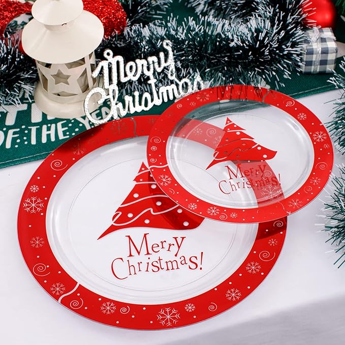U-QE 60PCS Red and Clear Plastic Plates - Disposable Christmas Plastic Plates for 30 Guests Include 30 Dinner Plates 10.25’’ & 30 Dessert Plates 7.5’’, Premium Party Supplies for Christmas Theme Party