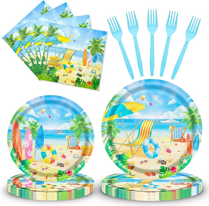 96 Pieces Summer Beach Plates and Napkins Set, Tropical Disposable Tableware by GistomeHome