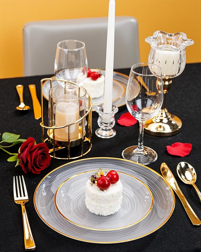 Morejoy 60Pcs Clear Plastic Plates,Clear Disposable Plates With Gold Rim,Heavy-duty Gold Plate, Modern swirl design Plate Include 30Clear Dessert-Platos,30Dinner-Platos for Party&Christmas