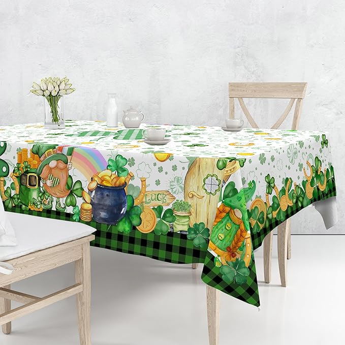 St. Patrick's Day Round Tablecloth, 70 Inch with Shamrock Gnome, Buffalo Check Plaid Kitchen Table Cover for Dining Room Indoor Decor