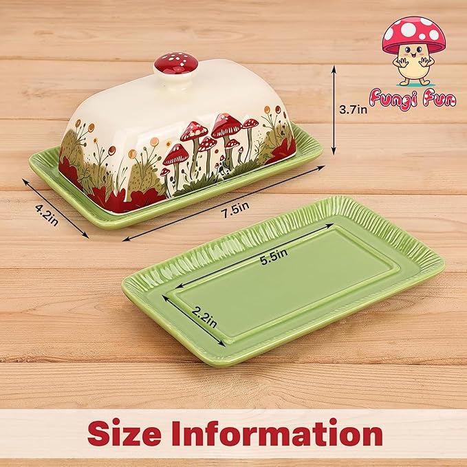 Fungi Fun Mushroom Butter Dish With Lid – Cute Cottagecore Ceramic Storage Container, Vintage French Covered Tray, Boho Farmhouse Kitchen Decor Gift, Unique Countertop Holder (White, Standard)