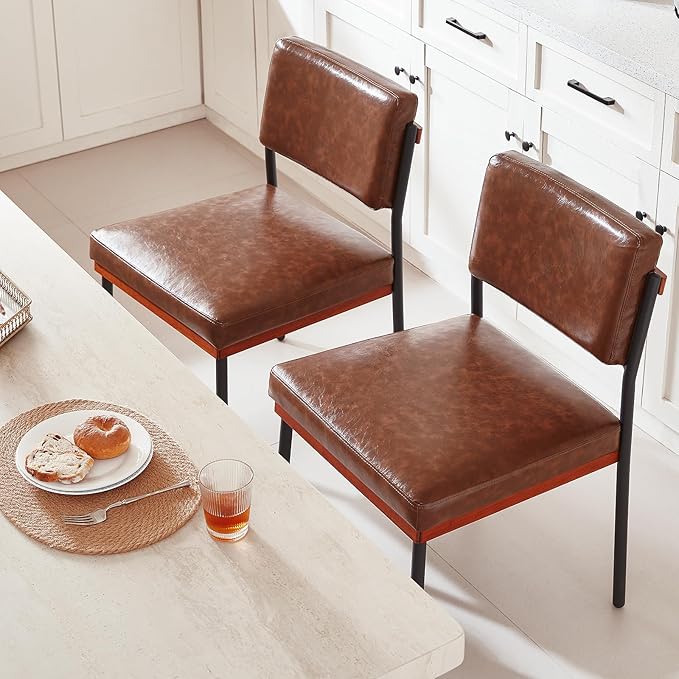 Modern Dining Chairs Set of 2, Kitchen Chairs with Thick Cushions and Adjustable Foot Pads, Upholstered Faux Leather Dining Room Chairs with Sturdy Metal Legs,Coffee