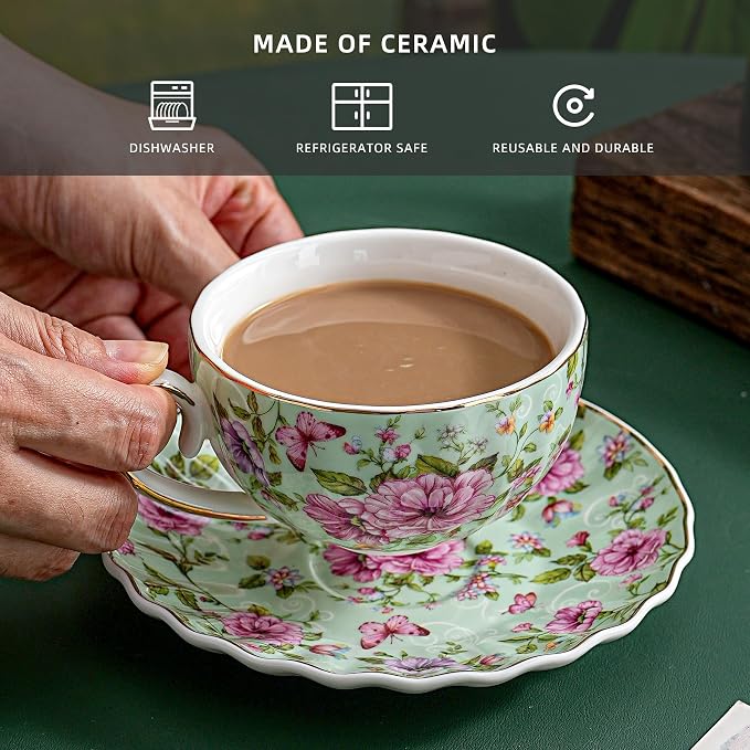 Agyiuns Tea Cup and Saucers, 6.4oz Floral Tea Cups - Image 3
