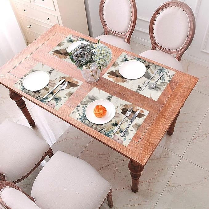 Floral Placemats 12x18 Inches Set of 4, Spring Summer Blue Brown Flower Decorative Rectangle Linen Table Mats for Party Home Kitchen Dining Table Decoration