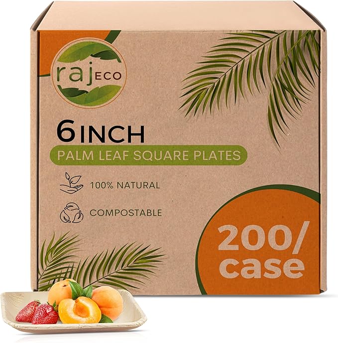 Raj Palm Leaf Plates Bulk [50-Pack] 6" Square Plates(4 CASES - 200 PACK) like Bamboo plates Disposable, Strong, Decorative Compostable Tableware for weddings, Lunch, Dinner, Birthday,Outdoor