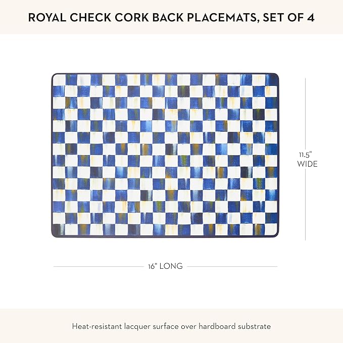 MACKENZIE-CHILDS Set of 4 Cork-Back Placemats, Hard-Finish Table Mats, Blue-and-White Royal Check