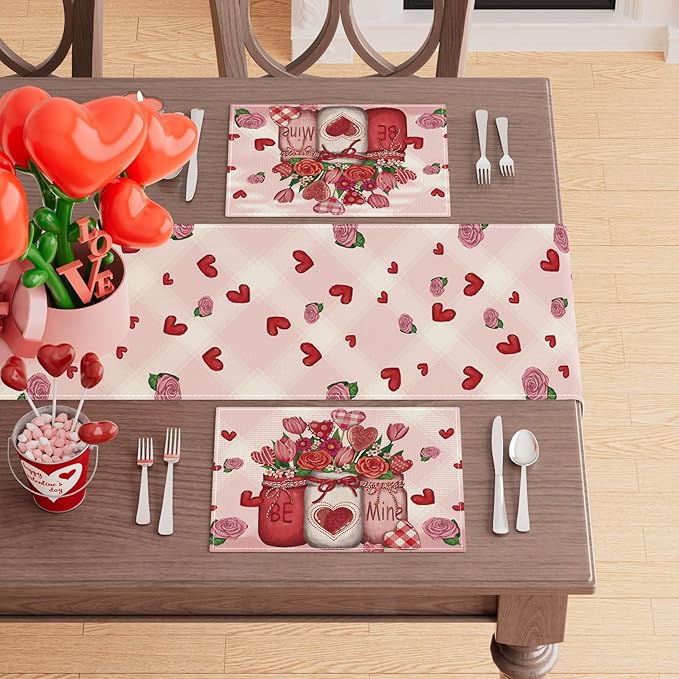 XCHI Roses Flowers Love Hearts Vase Valentine’s Day Placemats Set of 6 Table Mats for Party Home Kitchen Dining Table Decorations 12x18 Inch