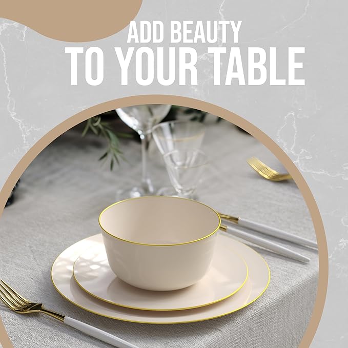 Trendables Disposable Bowls - Ivory Gold Rimmed Fancy Serving Bowls - Perfect for Ice Cream & Candy, Set of 20, 24 oz Each