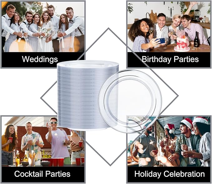 I00000 100PCS Clear Silver Plastic Plates, Clear Plates with Silver Rim, 10 Inch Dinner Plates Premium Party Supply for Wedding Birthdays Party
