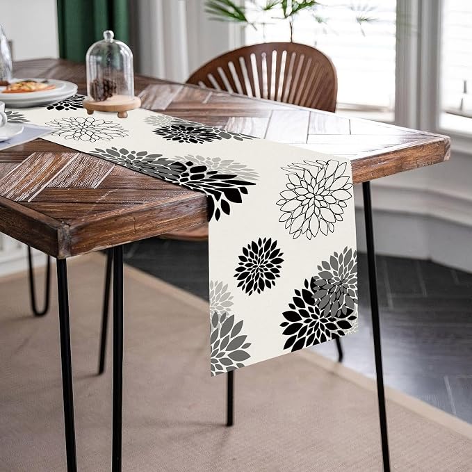 Black Gray Table Runner Dahlia Pinnata Flower Beige Table Runners Modern - Image 2