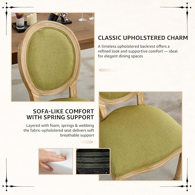 Vintage French Dining Chairs Set of 2, Round Back Upholstered Accent Chairs in Linen Fabric with Solid Wood Frame, Farmhouse Sillas de Comedor for Dining Room & Kitchen, Olive Green