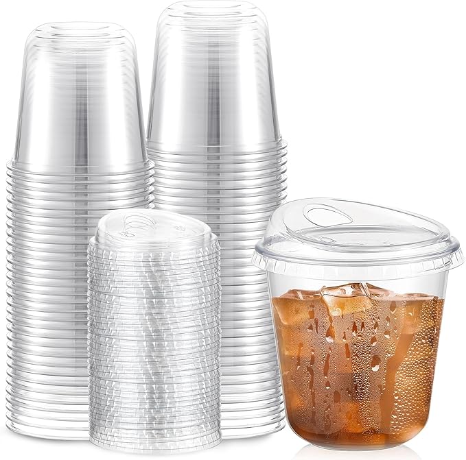 Baderke 50 Pcs Plastic Cups with Sip Lids Round Bottom Disposable Plastic Coffee Cups with Lids Clear Strawless Crystal Mugs for Iced Coffee Smoothie Cold Beverage Party Catering Supplies (10 oz)