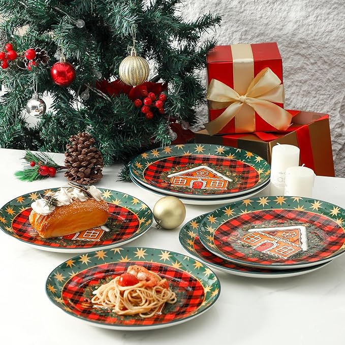 Ceramic Dinner Plates Set of 6,Stoneware 10 Inch,Microwave,Dishwasher and Oven Safe,Porcelain Dessert Plates for Steak,Dishes Set for Kitchen,New Year Gift,Scratch Resistant,Christmas