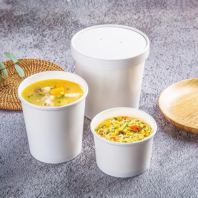 100 Pack 4 oz Disposable Soup Containers with Vented Lids, Kraft Soup Bowls Ice Cream Cups, White Paper Food Containers Microwavable and Freezer Safe for Hot Soup, Ice Cream (100 Pcs - White, 4 oz)
