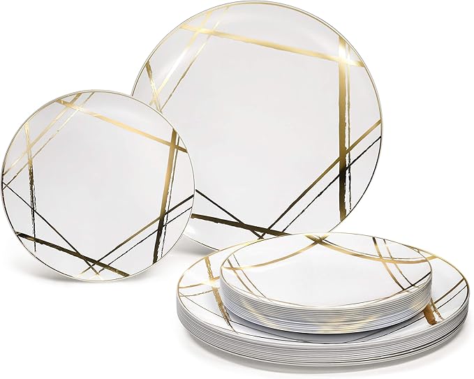 " OCCASIONS " 240 Plates Pack,(120 Guests) Premium Wedding Party Disposable Plastic Plates Set -120 x 10.25'' Dinner + 120 x 7.5'' Salad/Dessert (Monet, White & Gold)