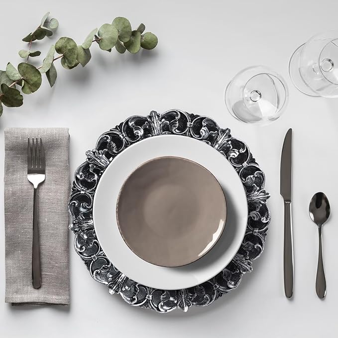 Black Charger Plates Set of 6, Decorative Table Plastic Chargers for Dinner Plates, Party, Wedding, Thanksgiving, Christmas, 11B