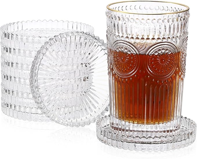 JUXYES 8 Pack Clear Crystal Coasters Round Cup Mat, Glass Coasters for Drinks Coffee Tea Wine, Decorative Wine Bottle Coaster, Crystal Drink Coasters for Restaurant bar Kitchen Dining Table