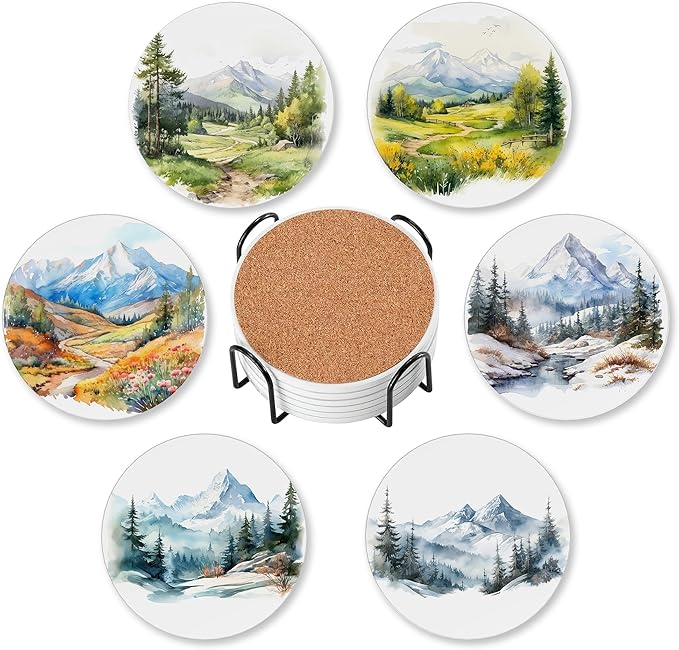 6 Pcs Drink Coasters with Holder,Mountain Landscape Watercolor Absorbent Round Ceramic Coaster for Tabletop Protection,for Coffee Cup Beverage Coasters Wine Beer Bar
