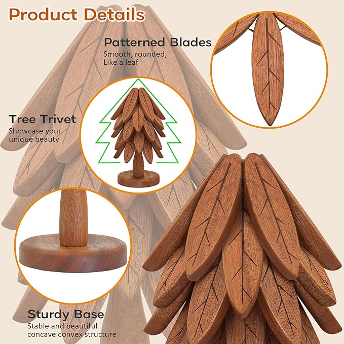 Wooden Trivets for Hot Dishes, Wooden Tree Trivet Set, Tree Coasters - of 5 + 1 Stand stored, Suited for Hots, Pans, Bowl, Teapot, Hot Holders - Multifunctional Ornaments