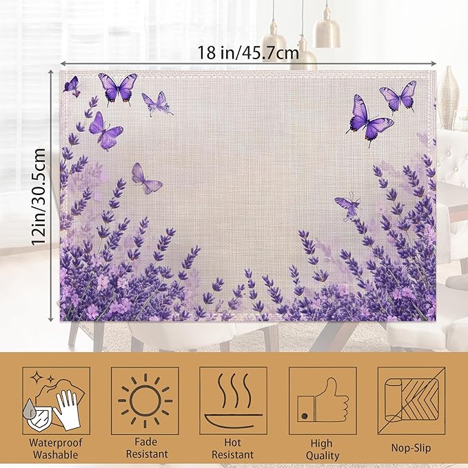 6 Pcs Placemats,Lavender Butterfly Placemat,Purple Table Mats Washable Recyclable Table Placemats for Indoor Outdoor Heat Resistant Kitchen Dining 12"x18"