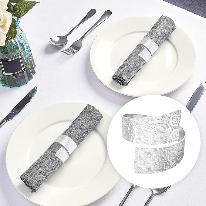 Napkin Rings Set of 12, Irregular-Shaped Metal Napkin Holders with Rose Patterns for Wedding Dining, Holiday Table Decor, Perfect for Home Chefs & Party Planners（Silver）